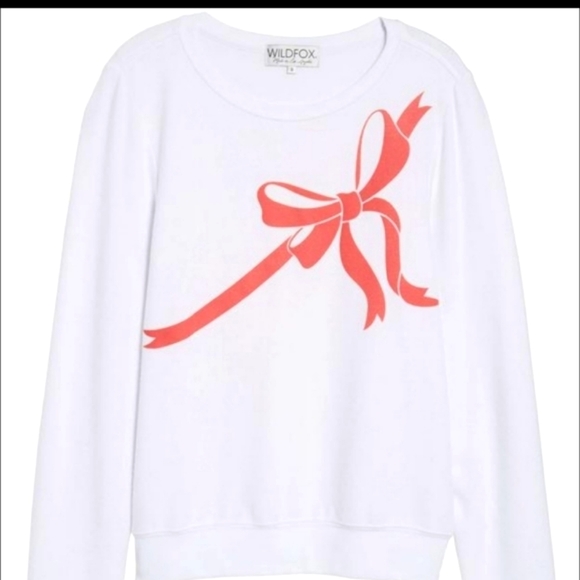 WILDFOX White French Terry Red Ribbon Present Wrap Bow BBJ Jumper Pullover Top - Picture 12 of 12